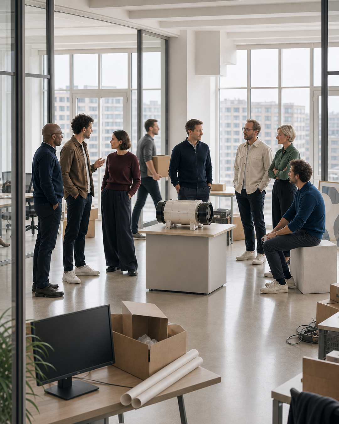 A contemporary leadership team around a company prototype in a bright metropolitan scale-up office